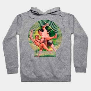 two muscular men fight with spears in the jungle retro comic book Hoodie